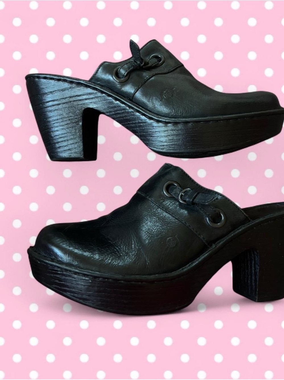 Born Black Leather Platform Mules with Eyelet Detail